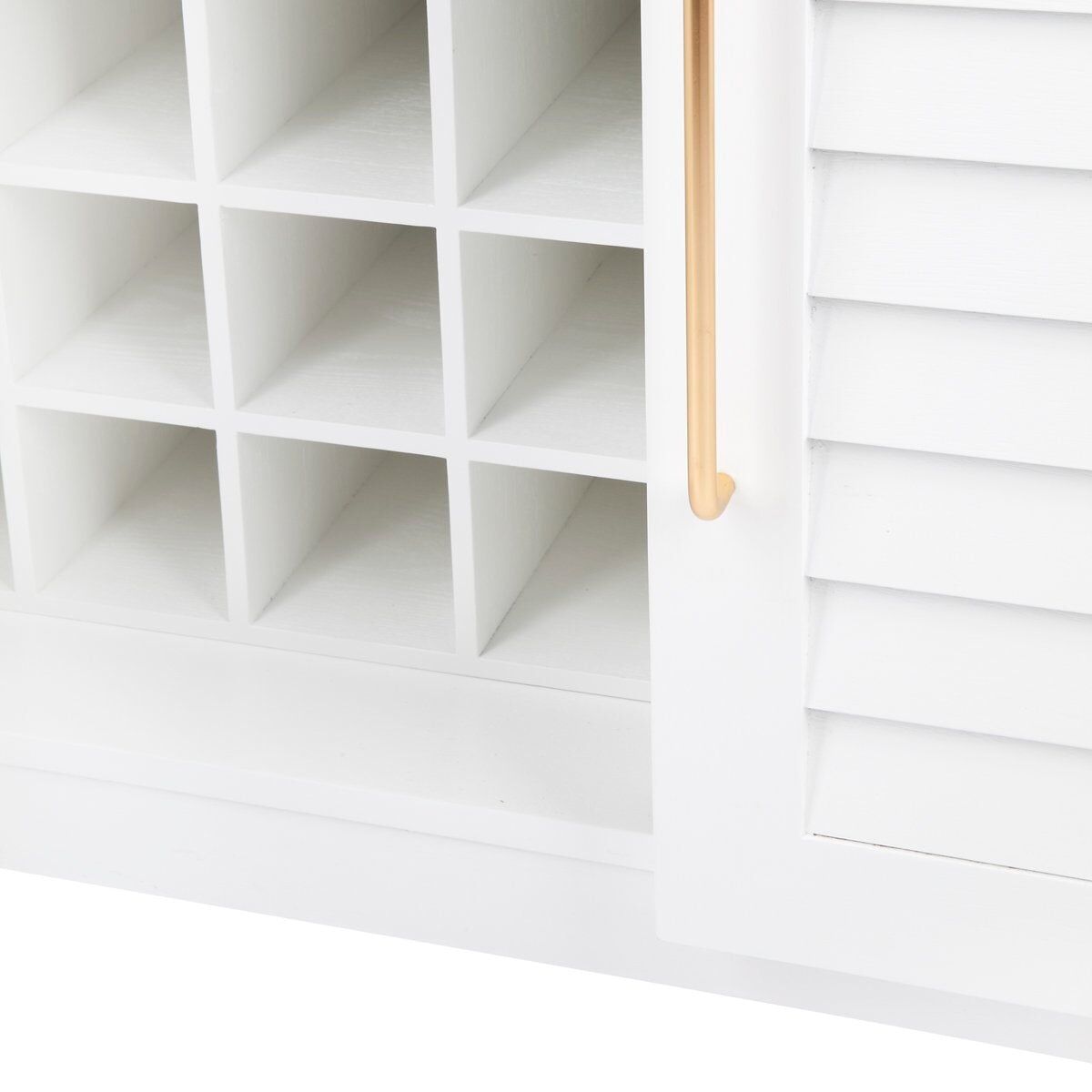 White bar cabinet with gold door handles and wine bottle holders