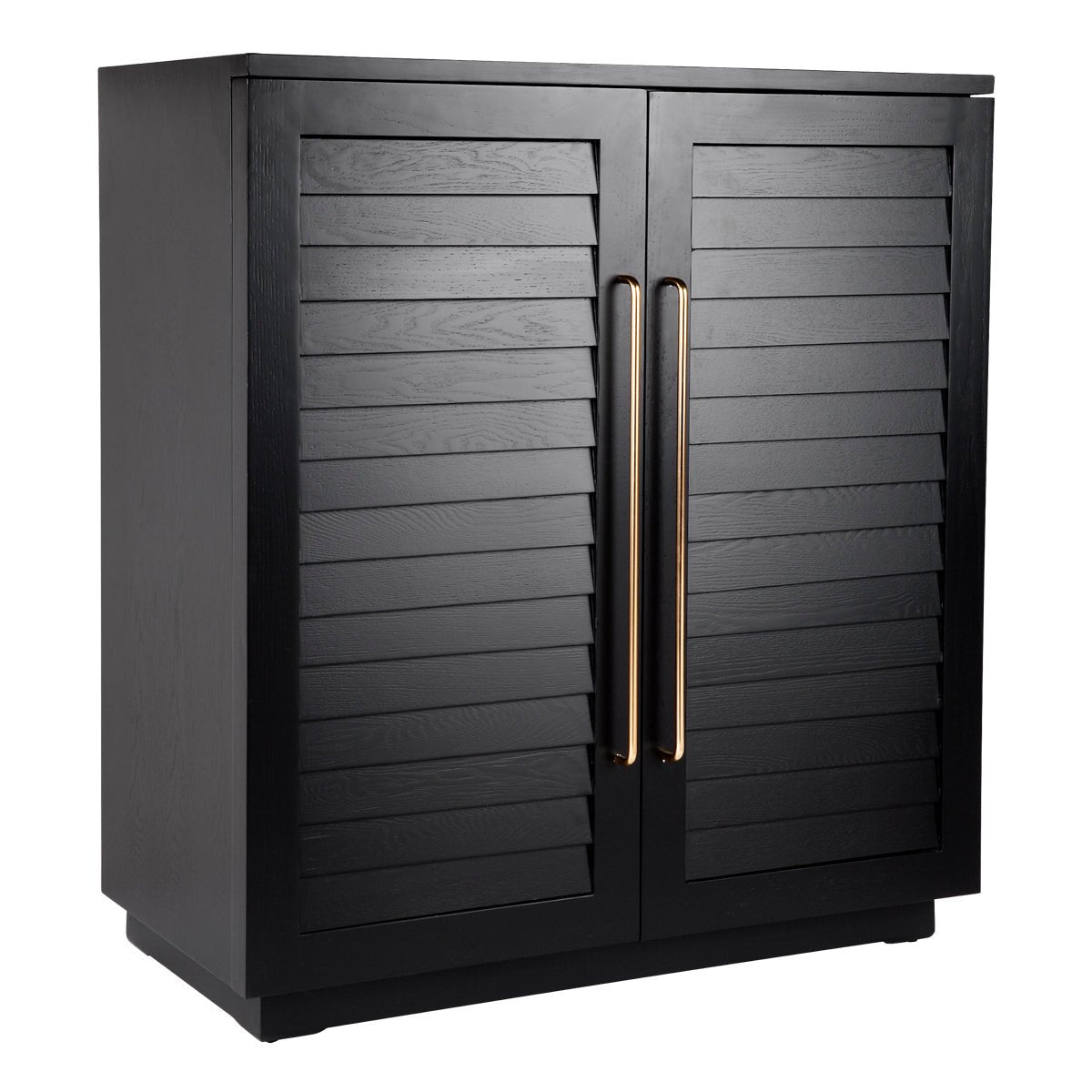 Black bar cabinet with gold door handles