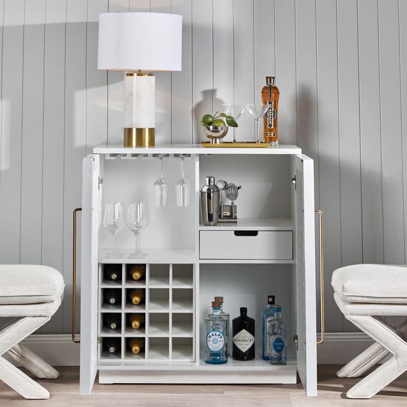 Sophisticated bar cabinet for storing wine bottles, glassware and barware