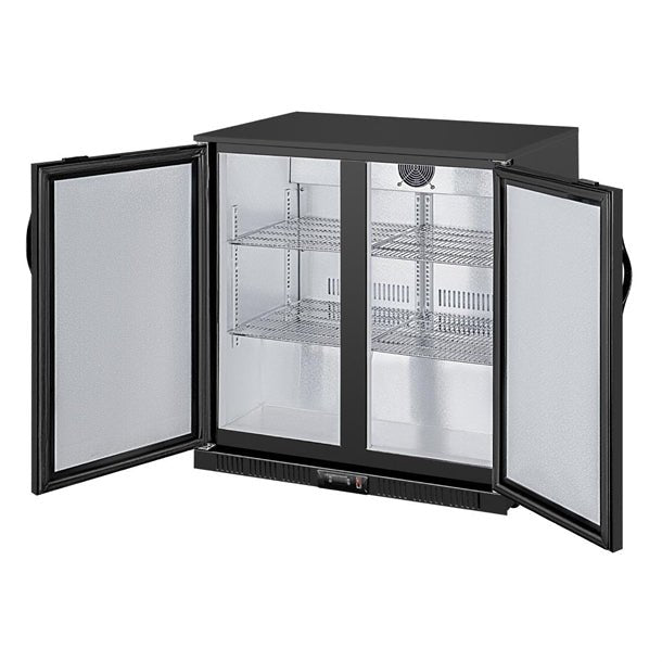 Empty Black Back Bar Cooler with Solid Doors