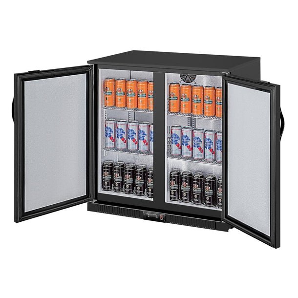 Black Back Bar Cooler with Solid Doors with canned drinks