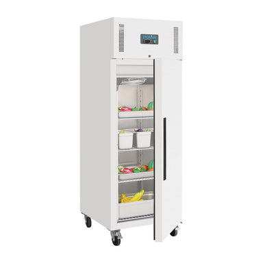 stainless steel commercial upright fridge with food