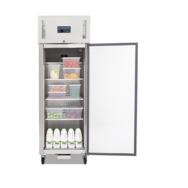 upright stainless steel commercial fridge with food
