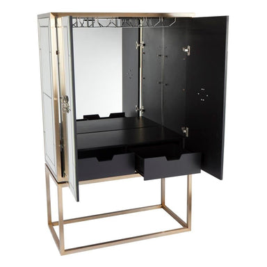 Mirrored bar cabinet with glassware holder and drawers