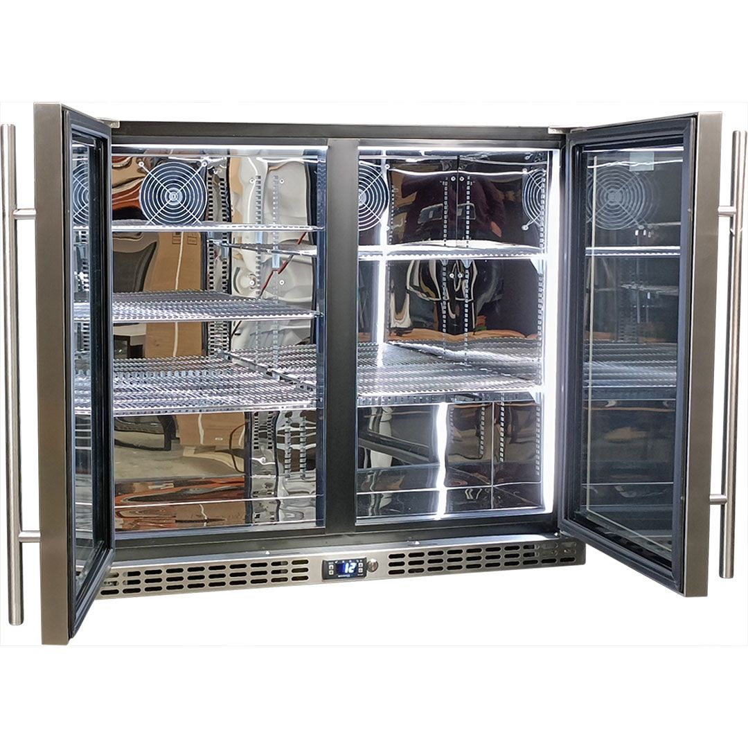 Empty stainless steel bar fridge with glass doors