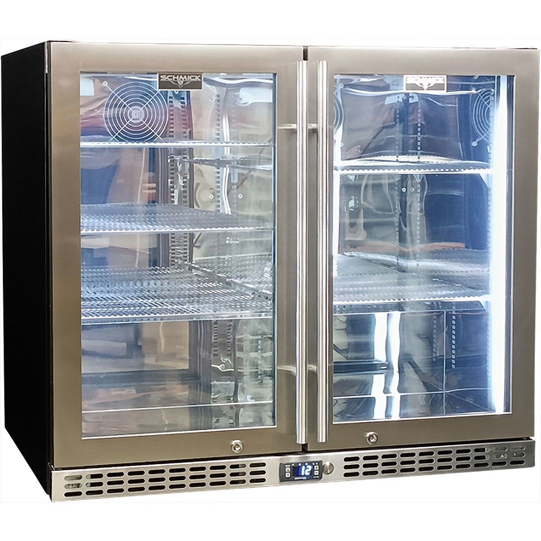 Glass door bar fridge with stainless steel shelves