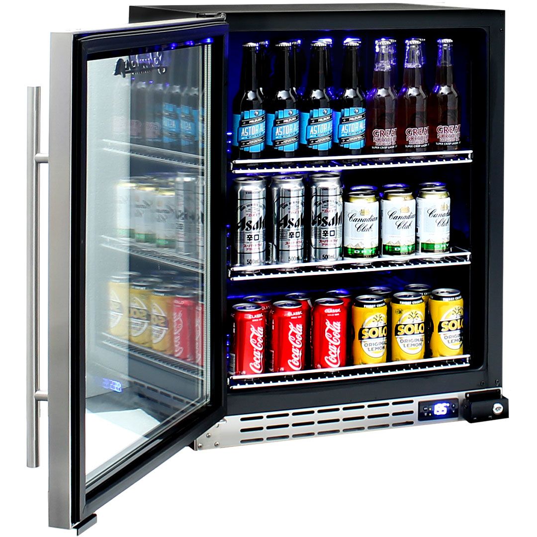 Stainless steel open bar fridge storing beverage cans and bottles