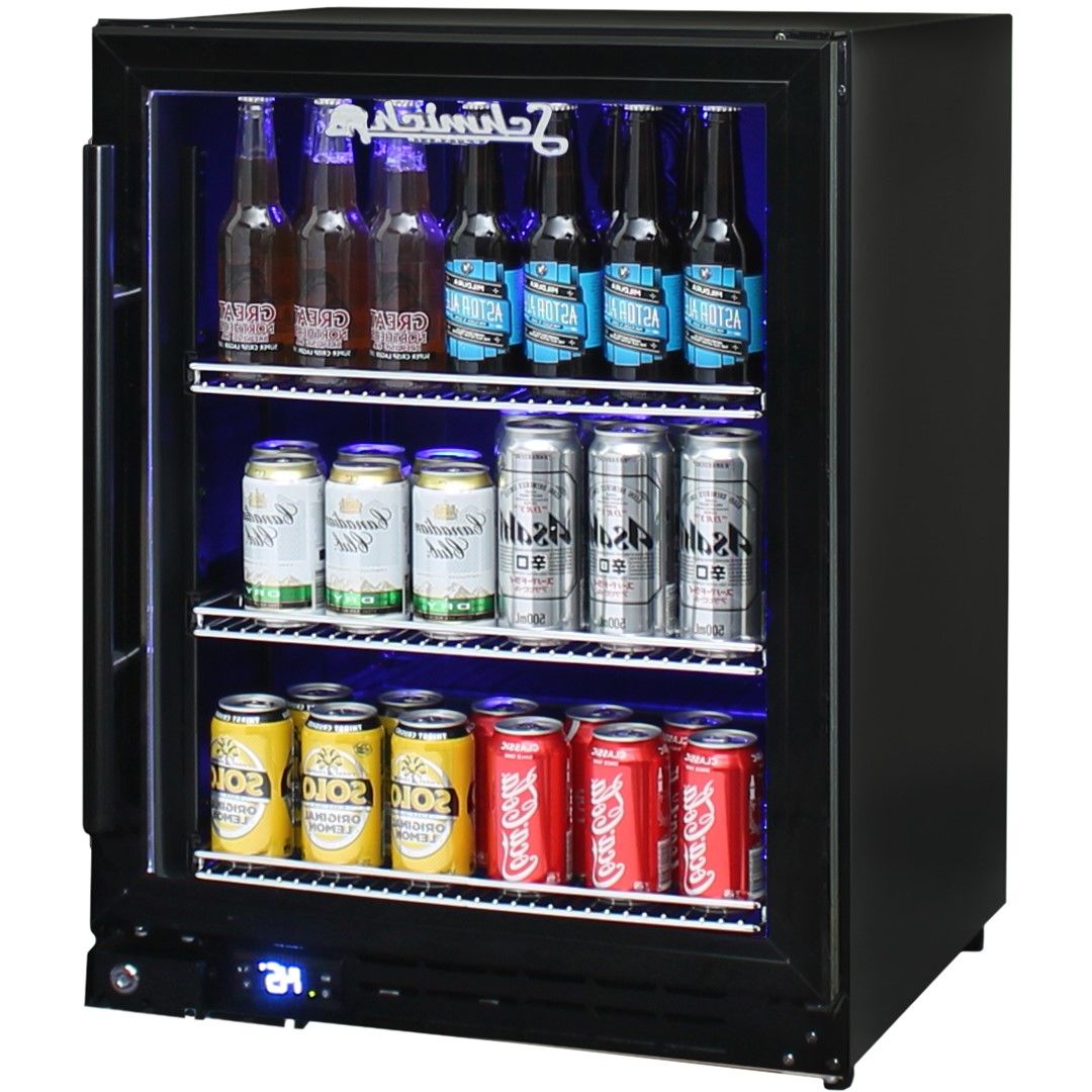 Black bar fridge storing cans and bottles