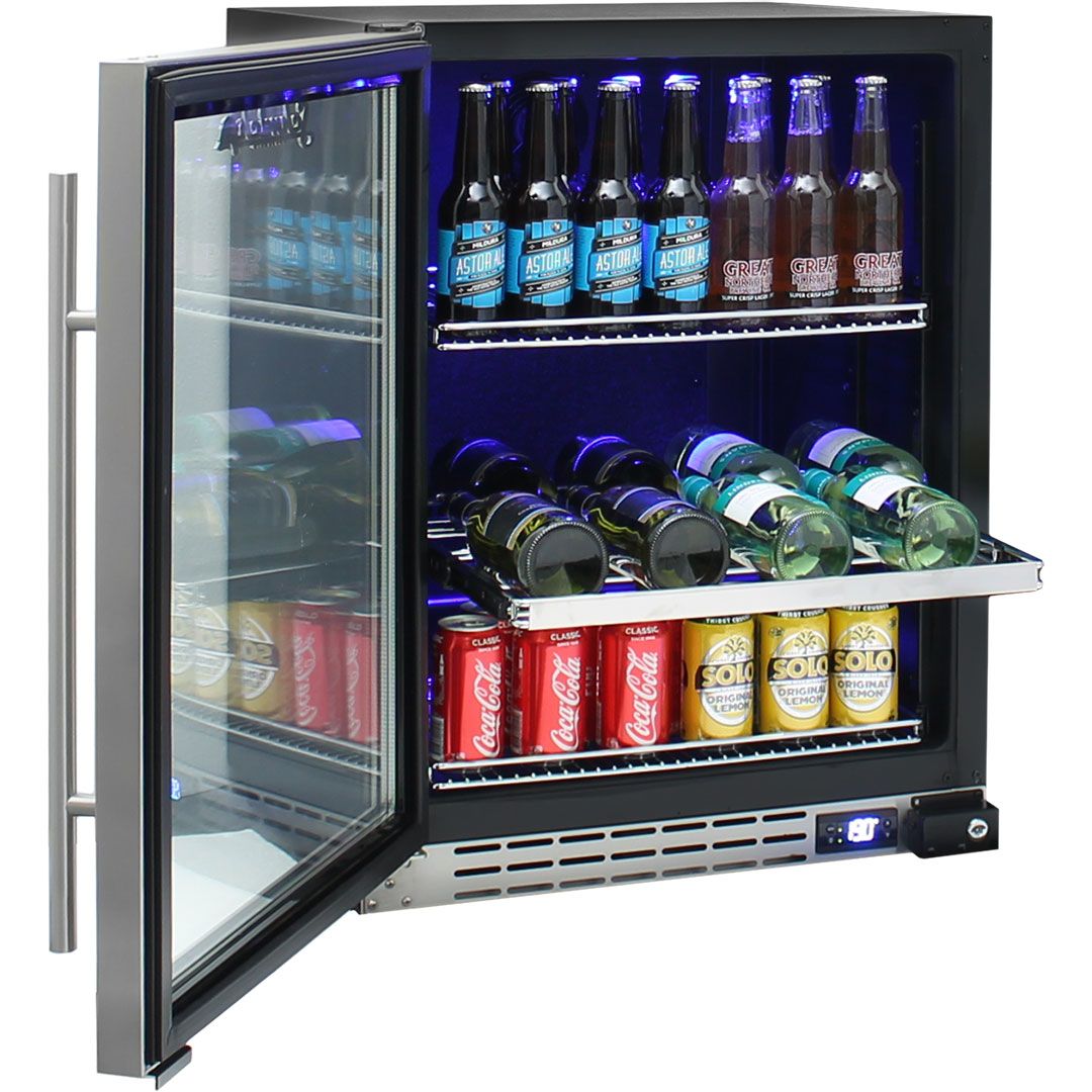 Under bench bar fridge with stainless steel wine bottle shelves