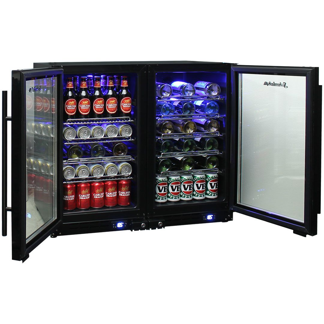 Black beer and wine fridge with stainless steel shelves