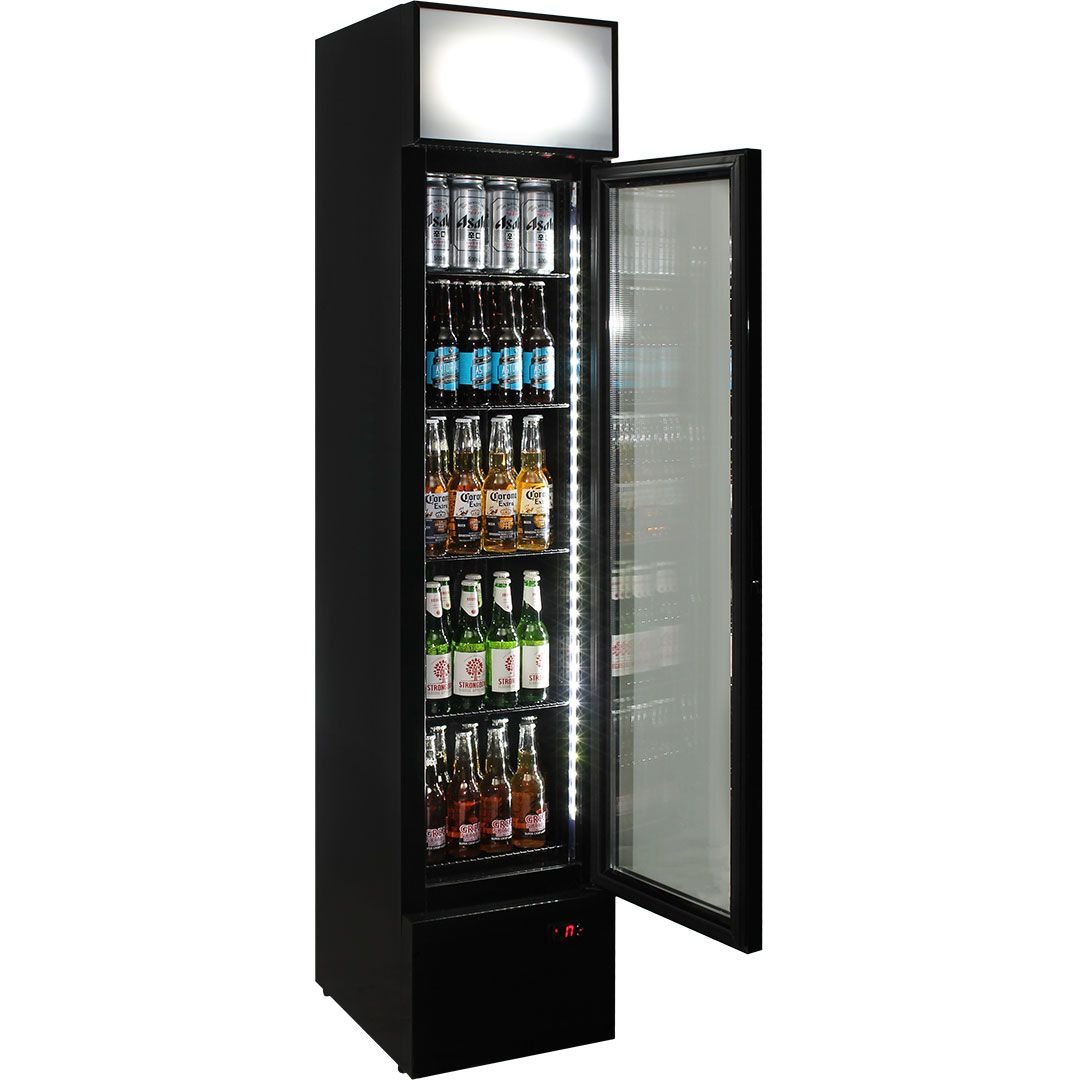 Skinny Upright Glass Door Bar Fridge Triple Glazed LOW E Glass with door open